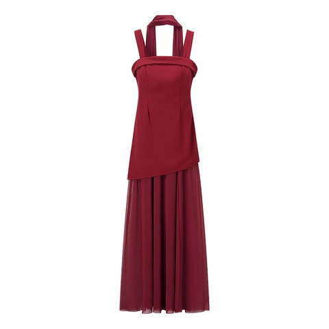 Elegante Vestito Lungo con Scollo all'Americana Sexy Schiena Scoperta Spacco Alto Senza Maniche Patchwork per Banchetto Donna