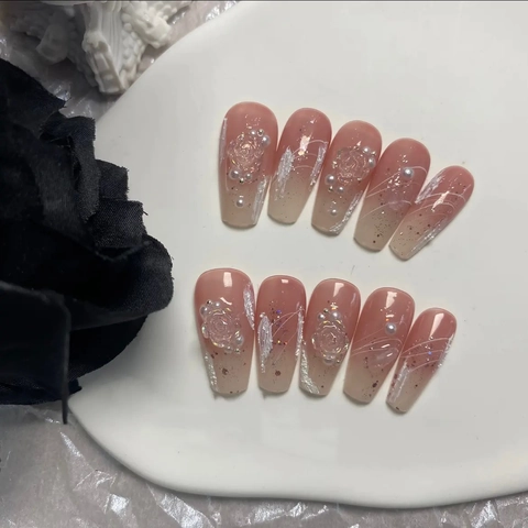 Handmade Press On Nails 3D Relief Camellia Rose Artificial Pearl Gradient Long Coffin French Elegant Luxury Glossy Finish