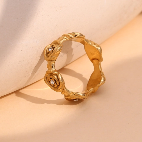 Anillo de Flor de Rosa de Acero Inoxidable con Strass Bañado en Oro Geométrico Vintage Joyería de Moda para Mujer