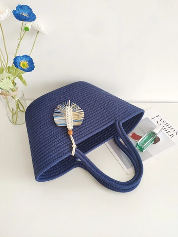 Dames Geweven Tote Bag Grote Capaciteit Katoenen Touw Handtas Retro Boheemse Stijl Voor Strandvakantie Met Bladkwast