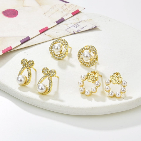 Elegante Koperen Zirconia Kunstparel Oorknopjes Voor Vrouwen Strik Roos Bloem Geometrisch Verguld Mode Sieraden Oorbellen Cadeau