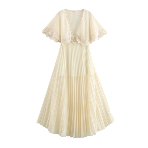 Elegantes Damen Maxi Kleid Mit Spitze V-Ausschnitt Plissee Chiffon Cape-Ärmel Romantischer Französischer Stil