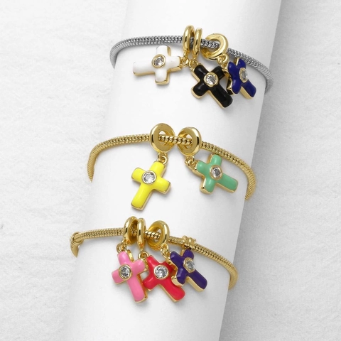 Bracciale Pendente Croce Rame Smalto Colorato Intarsio Zircone Catena Serpente Gioielli Moda Donna