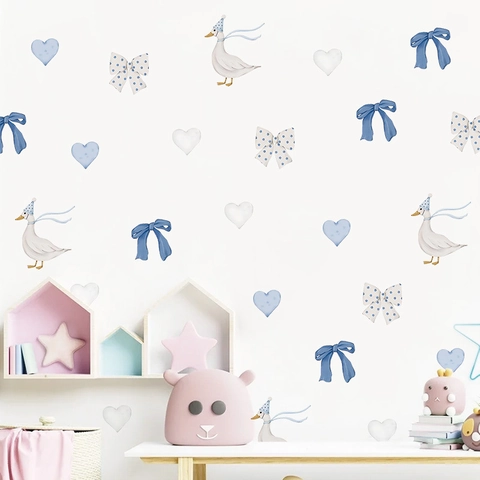 Autocollants Muraux Canard De Dessin Animé Noeud Bleu Coeurs PVC Auto Adhésif Décoration Chambre Bébé