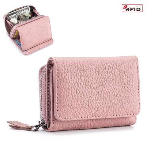 Mini Portafoglio Donna Triplo Pelle Genuina RFID Blocco Piccolo Corto Porta Carte Tasca Monete Zip