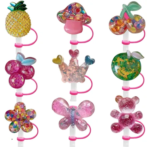 Resin Straw Topper Cover Rhinestone Glitter Silicone Dust Proof Plug Decorative Accessory For Tumblers Cups