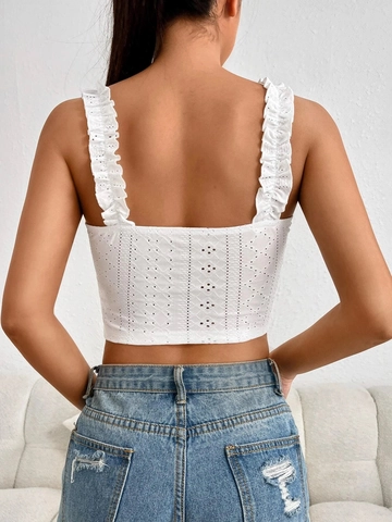Women Eyelet Embroidery Crop Top Camisole Ruffle Straps Front Bow Tie Slim Fit Backless Elegant Summer