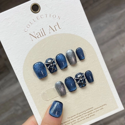 Unghie Finte Fatte A Mano Effetto Occhio Di Gatto Blu Con Ciondoli A Teschio D'argento Stile Punk Gotico Per Donna Riutilizzabili