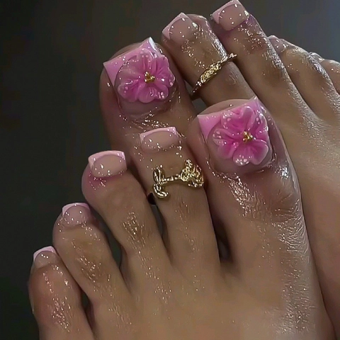 3D Bloem Press On Toennagels Roze French Tip Glanzende Kunstnagels Voor Dames Zomer Strand DIY Pedicure