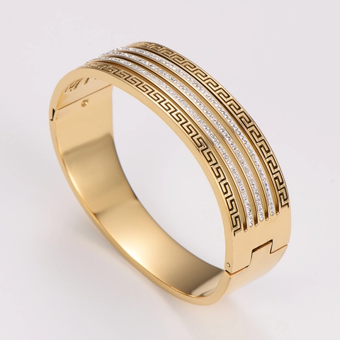 Gold Wide Bangle Bracelet 304 Stainless Steel With Cubic Zirconia Greek Meander Pattern Hollow Design Luxury Jewelry