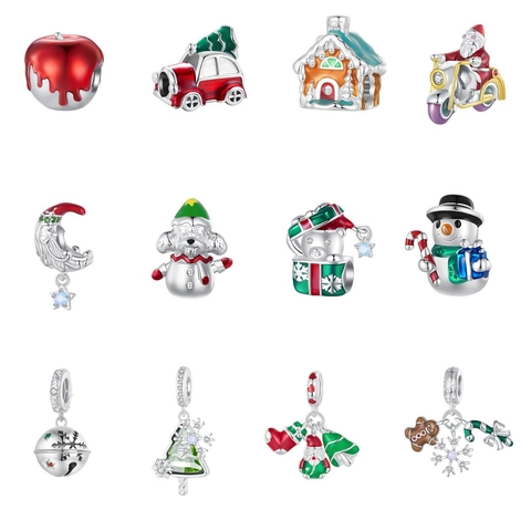 925 Sterling Silver Christmas Charms Enamel Snowman Santa Claus Snowflake Reindeer Bead For DIY Bracelet Jewelry Gifts