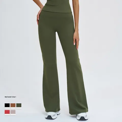Women Flared Yoga Pants High Waist Tummy Control Bootcut Leggings Nylon Spandex Ribbed Workout Fitness Sporty