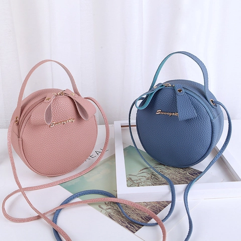 Round Crossbody Bag Women Lychee Pattern PU Leather Mini Circular Handbag Double Zipper Daily Fashion Portable Small Purse
