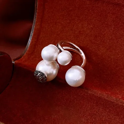 Vintage Artificial Pearl Adjustable Open Ring Copper Silver Plated Round Imitation Shell Artificial Pearls Relief Pattern Luxury Jewelry
