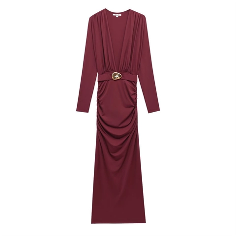 Abito Maxi Con Scollo A V Profondo Maniche Lunghe Arricciato Borgogna Poliestere Bodycon Elegante Da Sera Con Fibbia In Metallo Oro