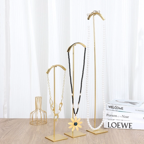 Necklace Display Stand Metal Jewelry Rack T-Shaped Arc Hook Electroplated Gold Modern Minimalist Retail Countertop Storage Organizer