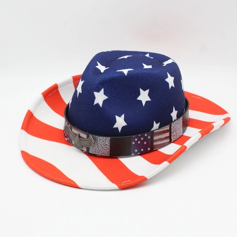 Patriotischer Amerikanische Flagge Western Cowboyhut Baumwolle Polyester Filz Sterne Und Streifen Mit Metall Adler Für Party