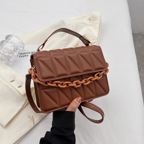 Fashion Rhombus Quilted PU Leather Crossbody Bag With Thick Chain Decor Top Handle Small Square Handbag For Women