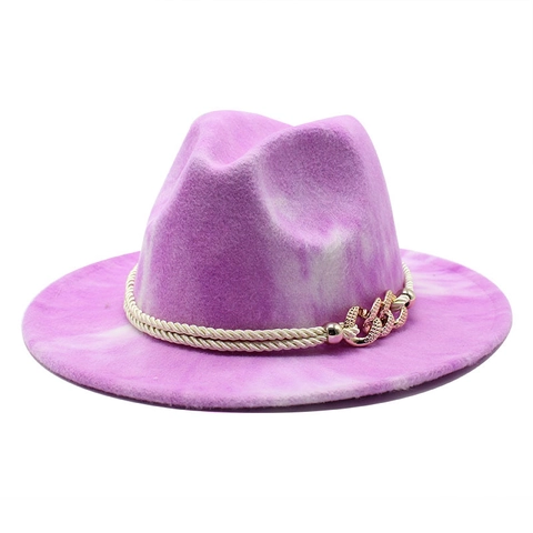 Brede Rand Fedora Hoed Katoen Polyester Tie Dye Marmeren Print Jazz Vilten Cap Met Gevlochten Touw Metalen Ketting Dames Heren