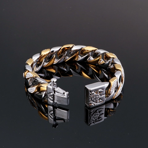Hip Hop Cuban Link Bracelet For Men Stainless Steel Two Tone Pave Rhinestone Retro Geometric Carved Beetle Clasp Biker Jewelry