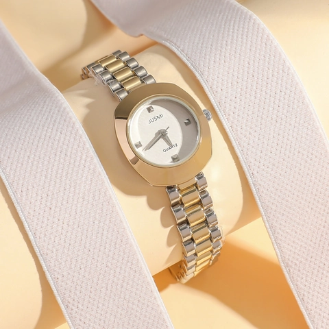 Women Analog Quartz Watch Two Tone Alloy Strap Rhinestone Markers Minimalist Fashion Round Dial Elegant Timepiece