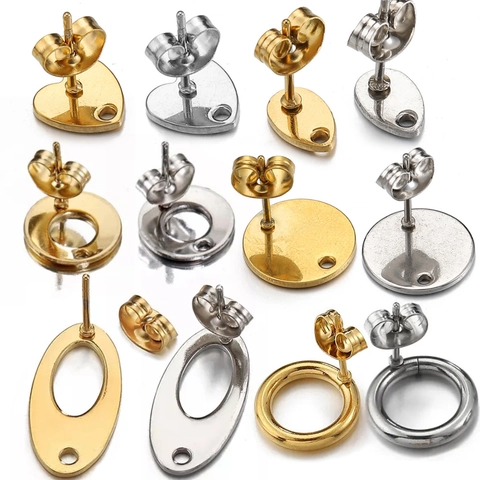 Stainless Steel Earring Posts With Loop Geometric Heart Teardrop Round Earring Bases For DIY Jewelry Making Crafts