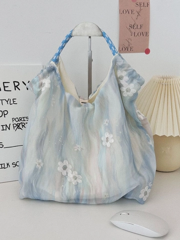 Sac À Main Brodé Fleurs Tulle Toile Tote Bag Fleur De Marguerite Dimensionnelle Poignée En Corde Tissée Style Frais Femmes