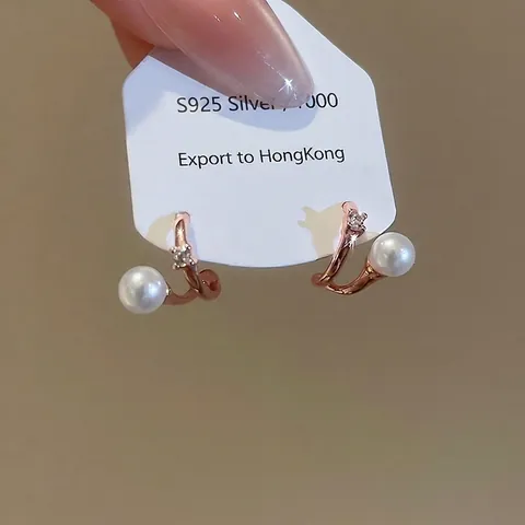 Orecchini A Lobo Oro Rosa Forma C Con Zircone Imitazione Perla Artificial E Perno In Argento Sterling 925 Elegante Donna