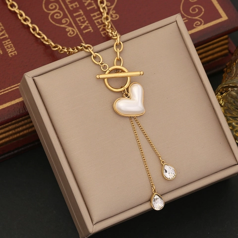 Collana Pendente Cuore In Acciaio Inossidabile Perla Artificial Sintetica Nappa Zirconia Goccia Chiusura OT Gioielli Eleganti Donna