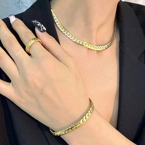 Titanium Stahl Schmuck Für Damen Vergoldet Panzerkette Halskette Armband Gewebte Creolen Ring Mode Trendig