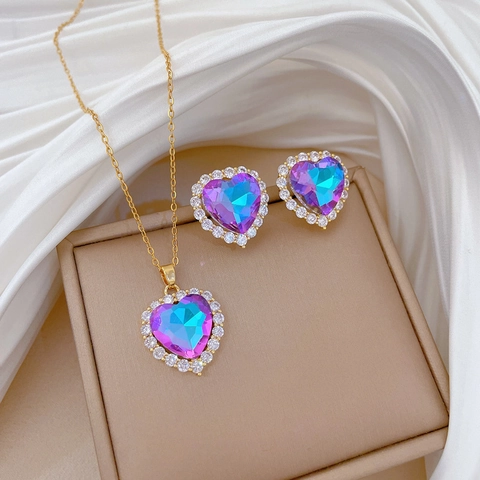 Elegant Heart Shape Gradient Crystal Pendant Necklace And Earrings Jewelry Copper Titanium Steel For Women Girls