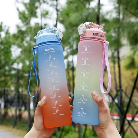 Gradient Sports Water Bottle With Time Marker Motivational Quotes Leakproof BPA Free Cup With Straw Portable Strap