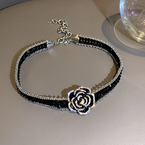 Collana Choker Rosa Nera Cristallo Artificiale Rhinestone Lega Gotico Elegante Catena Clavicola Per Donne