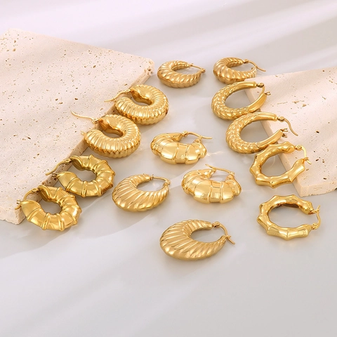 Pendientes De Aro Acero Inoxidable Huecos Geométricos Texturizados Chapados Oro 18K Ligeros Joyas Retro Mujer