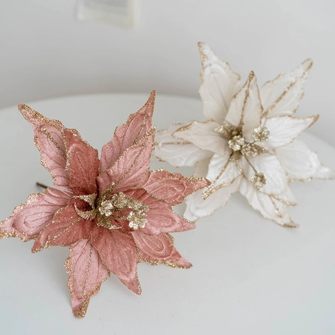 Artificial Poinsettia Christmas Flower Glitter Velvet Decoration For Christmas Tree Home Party Festive Floral Ornament