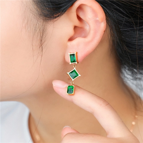 Geometric Long Drop Earrings Titanium Steel Gold Plated Cubic Zirconia Jewelry For Women Elegant Square Rhombus Gemstone