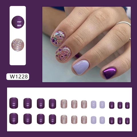 Purple Shimmer Press On Nails Short Square Aurora Glitter False Nails For Women