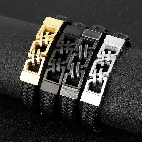 Pulsera De Cuero Genuino Trenzado Para Hombre Acero Inoxidable Cierre Magnético Geométrico Joyería Punk