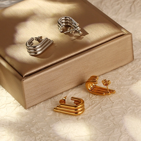 Pendientes de Aro de Acero Inoxidable en Forma de U Irregulares Vintage Joyería Minimalista de Capas Modernas Mujer