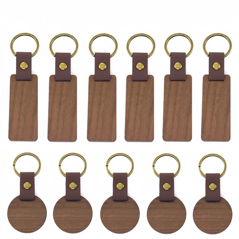 Minimalist Wood Keychain With Leather Strap Walnut Beech Wood Rectangular Round Wooden Keyring Bronze Metal Ring For Men Women Gift