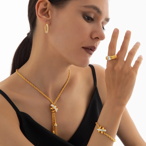 Stainless Steel Rope Chain Necklace Bracelet Earrings Ring Rhinestone Tassel Cross Knot Wedding Banquet Jewelry For Women