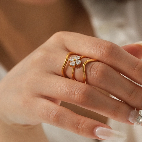 Stacking Rings Stainless Steel Zircon Four Leaf Clover Heart Geometric Ins Style Gold Plated Jewelry For Women