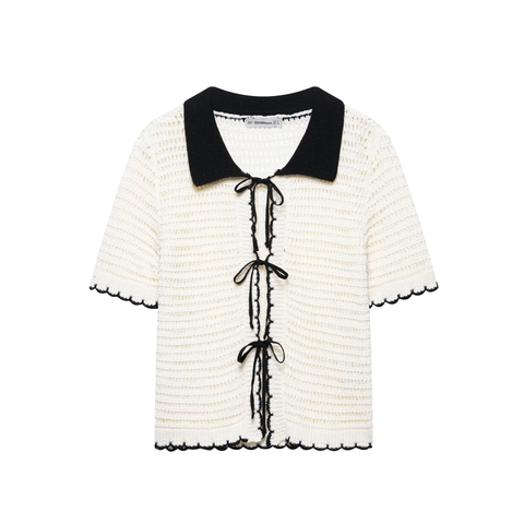 Dames Gebreid Vest Met Opengewerkte Structuur Korte Mouwen Polokraag Contrast Zwarte Bies Strikje Retro Top