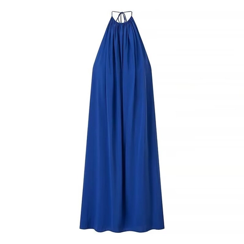 Damen Halfter Maxi Kleid Polyester Seidig Rückenfrei Plissee Ärmellos Elegant Sommer Urlaub Party Abend Blau