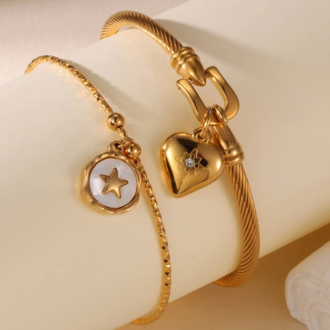Edelstahl Vergoldet Armband Mit Herz Stern Anhänger Strass Künstliche Perle Armreif Mode Schmuck Geschenk Für Damen