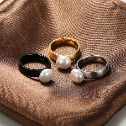 Anillo De Perlas Artificiales Minimalista Francés Banda Ancha Acero Inoxidable Que No Se Desvanece Joyería De Moda Elegante Vintage Mujer