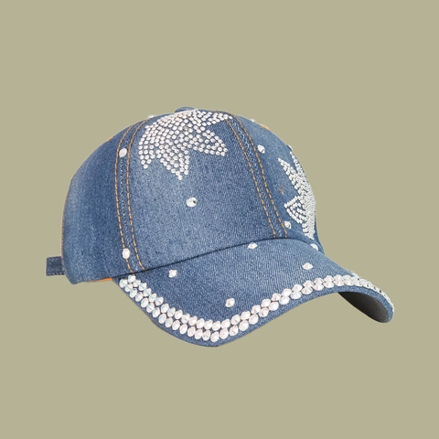 Cappello Da Baseball Denim Blu Strass Motivo Foglia Cappello Da Sole Regolabile Trendy Hip Hop Donna