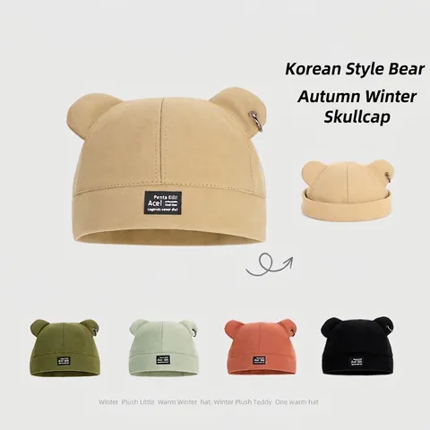 Bärenohr Docker Mütze Damen Herren Winter Warm Polyester Fleece Beanie Metallring Patch Streetwear Totenkopfkappe Verstellbar