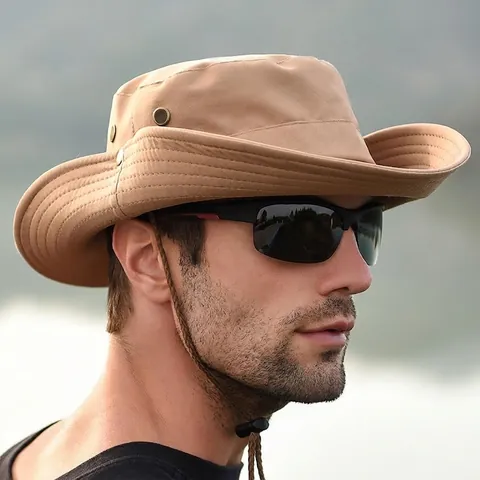 Outdoor Sun Hat Wide Brim Breathable Boonie Cap With Adjustable Windproof Rope For Men Hiking Fishing Safari