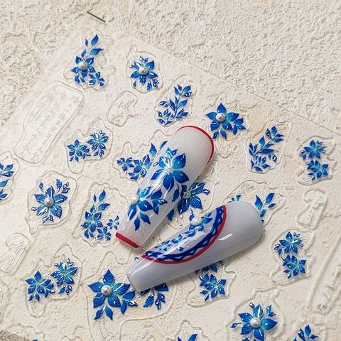 Blue Porcelain Style Embossed Nail Art Stickers Floral Pattern With Faux Artificial Pearl Chinese Calligraphy Manicure Decals